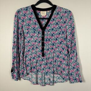 Vanessa Virginia Anthropologie 0P Petite Blue Pink Tiger Long Sleeve Blouse‎